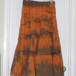 Hand Crafted Skirt Reverse Tie Dye Orange Brown Maxi Peasant Comfy Cotton Size L